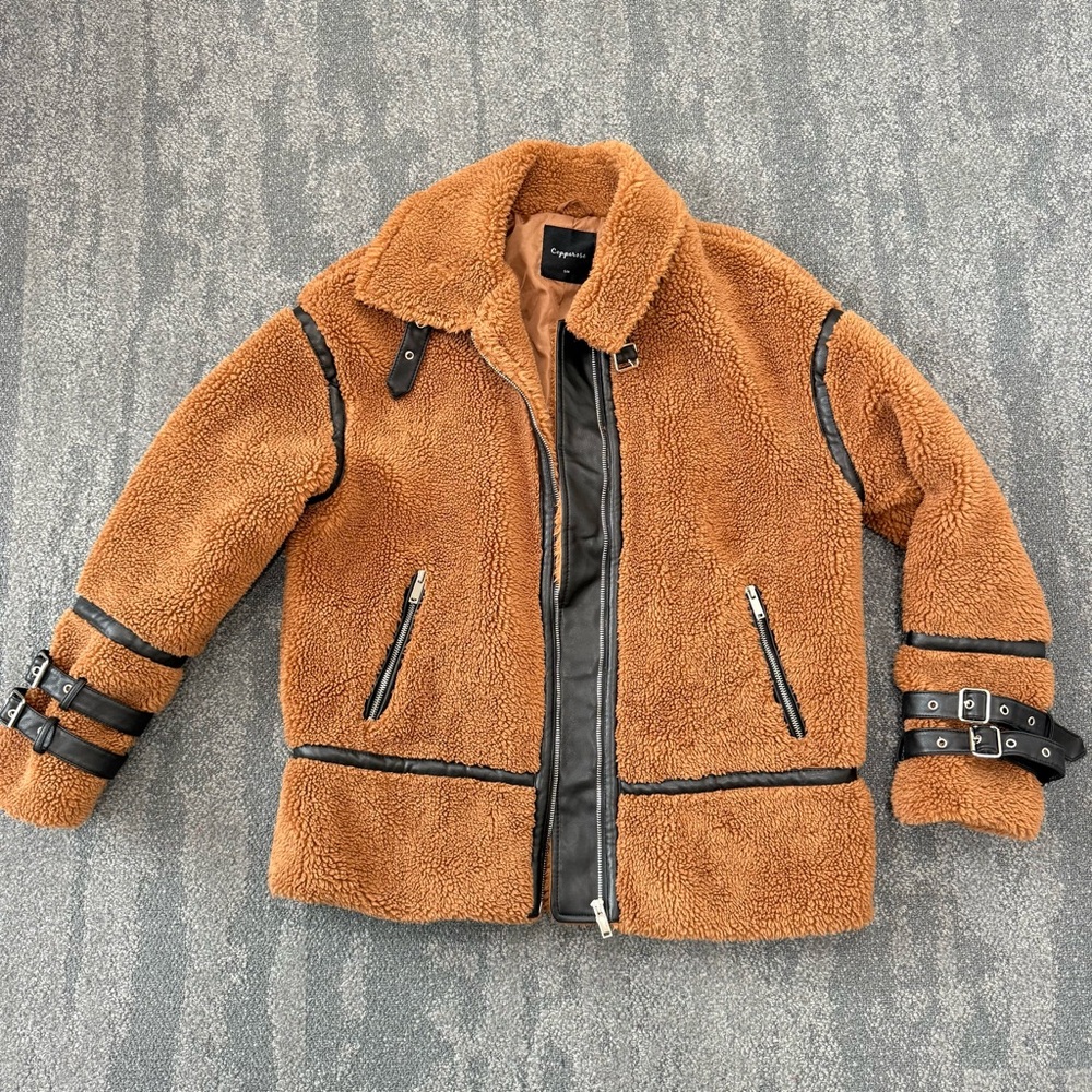 Copperose Teddy Faux Sherpa Aviator Jacket Tan - Size S/M